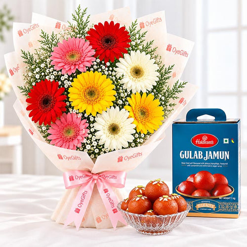 Mixed Gerbera Bouquet with 1 Kg Haldiram's Gulab Jamun