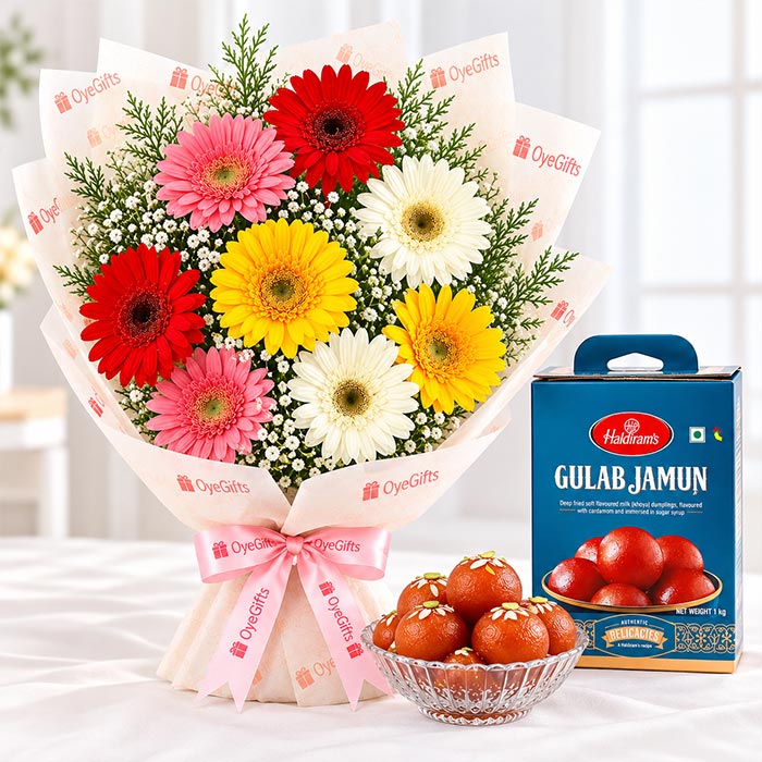 Mixed Gerbera Bouquet with 1 Kg Haldiram's Gulab Jamun