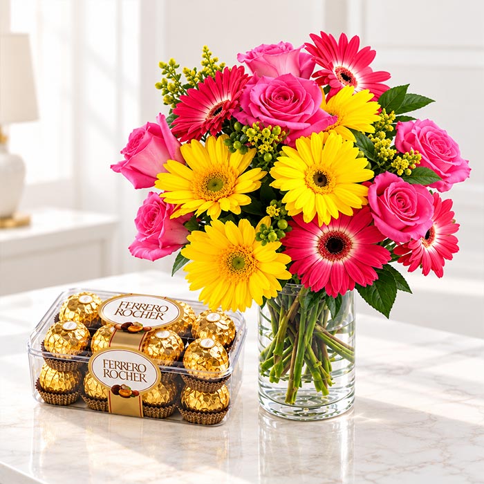 Mixed Gerberas Glass Vase with 16 Ferrero Rocher Chocolates