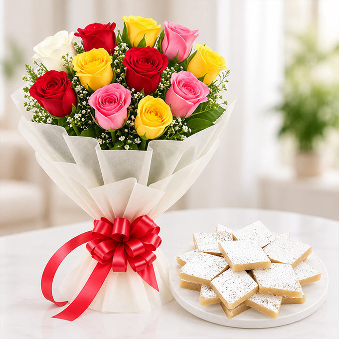 Mixed Rose Bouquet with 400g Kaju Katli