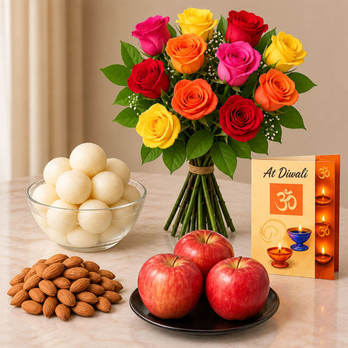 Mixed Roses Bouquet with Apples Rasgulla Almonds Diwali Hamper