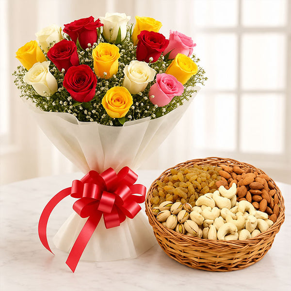 Mixed Roses Bouquet with Assorted Dry Fruits Hamper