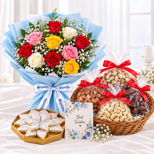 Mixed Roses Bouquet with Kaju Katli Dry Fruits Box & Diwali Card