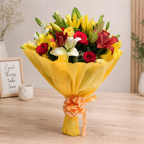 Mixed Roses & Asiatic Lilies Bouquet with Yellow Wrapping