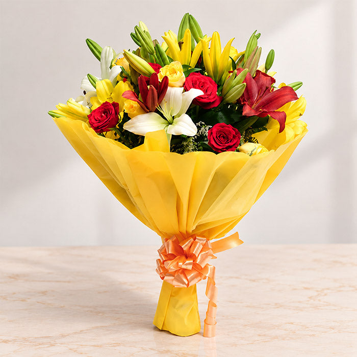 Mixed Roses & Asiatic Lilies Bouquet with Yellow Wrapping