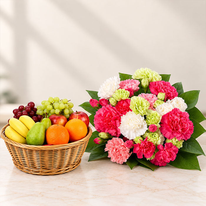 Mixed Roses & Carnations Bouquet with 3 Kg Fresh Fruit Basket