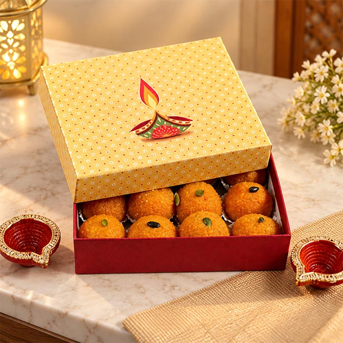 Moti Choor Laddoo Box with Decorative Diyas 500g