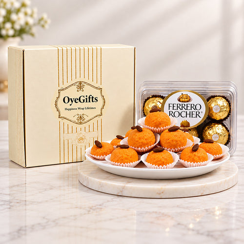 Motichoor Laddoo with 16 Ferrero Rocher Chocolate Box