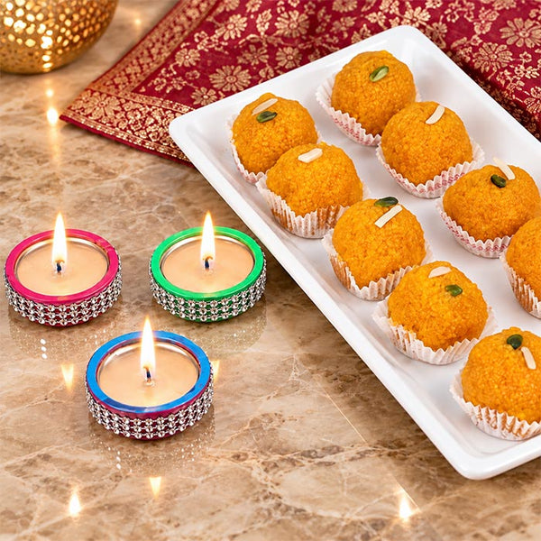 Motichoor Laddu with 3 Decorative Diyas Gift Box