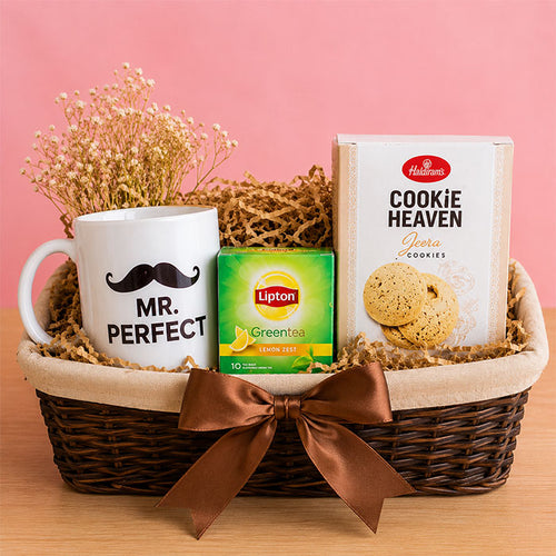 Mr. Perfect Mug with Lipton Green Tea & Jeera Cookies Gift Box