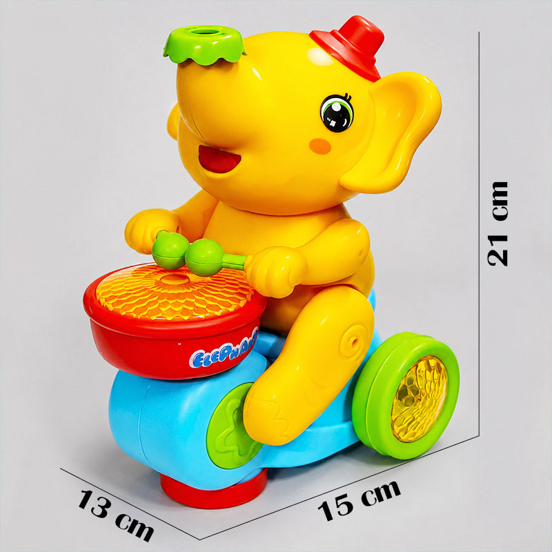 Colorful toy elephant with a drum, showing dimensions on a gray background