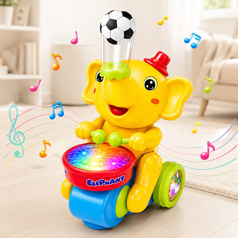 Colorful elephant toy with lights and music in a living room setting