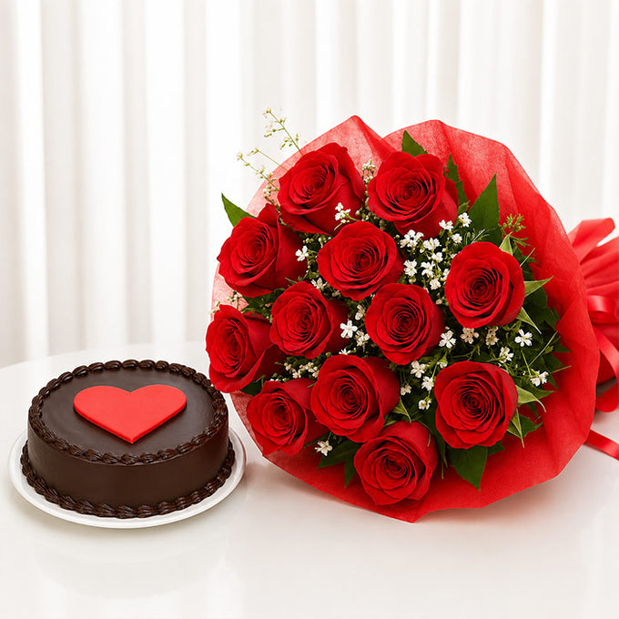 12 Red Roses Bouquet with Half Kg Chocolate Heart Cake