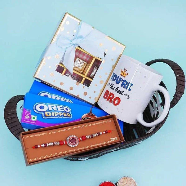 Stone Rakhi With Mug N Chocolates Gift Hamper