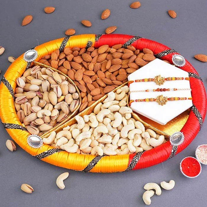 Two Golden Ganesha Rakhi N Rudraksha Rakhi With Dry Fruits
