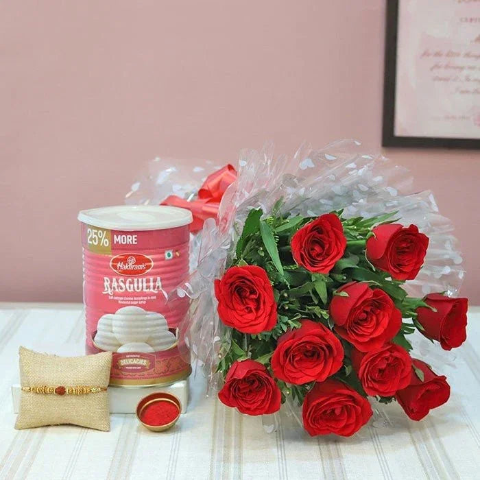 Rakhi With Ten Red Roses N Rasgulla