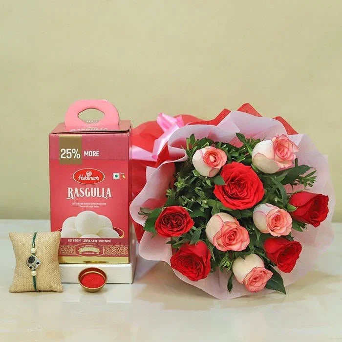 Rakhi With Ten Pink N Red Roses N Rasgulla