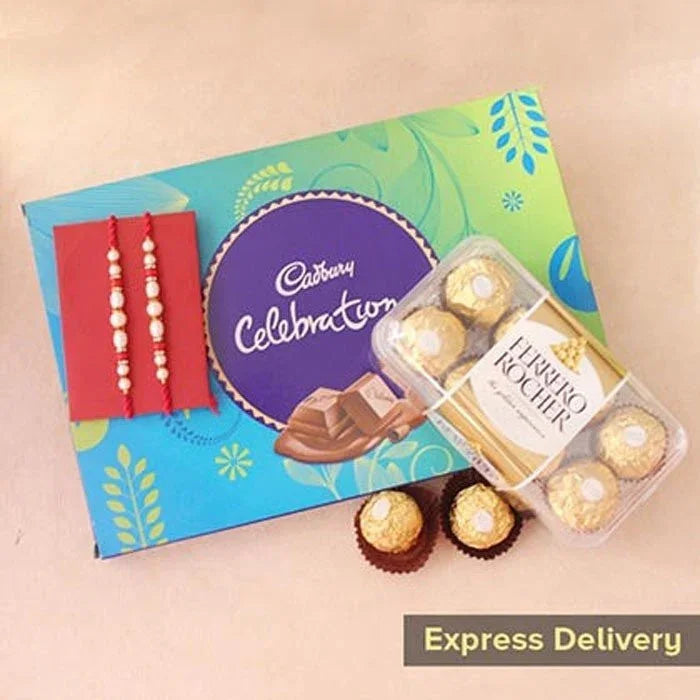 Cadbury Celebration chocolate box with Ferrero Rocher chocolates and Rakhi on a beige background