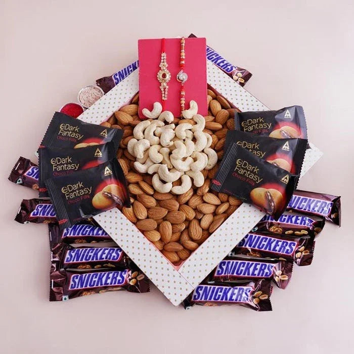 Set Of 2 Rakhi With Dryfruits Tray And Chocolates