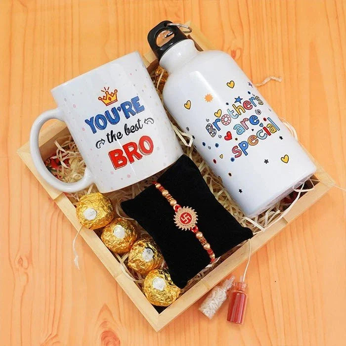 Swastika Rakhi With Bottle N Mug Gift Hamper