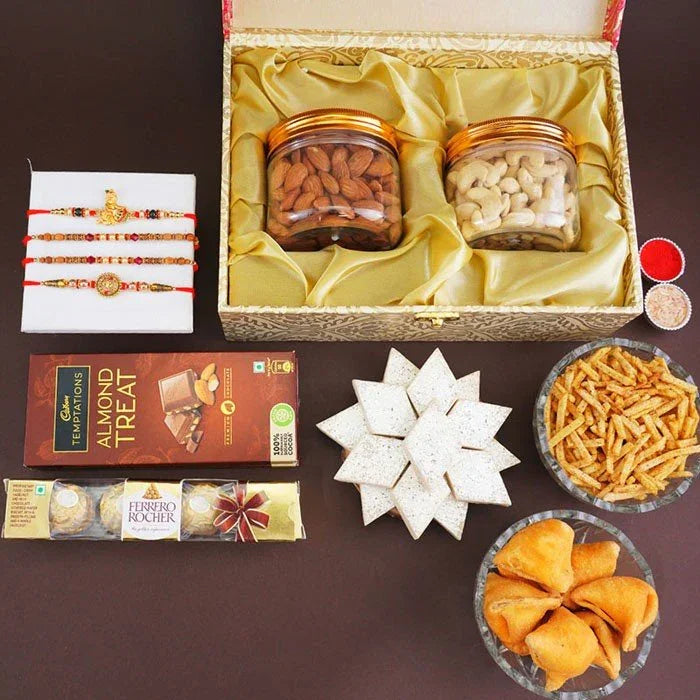 Set Of Four Rakhis With Kaju Katli Gift Hamper