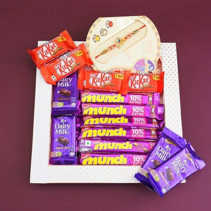 Designer Krishna Rakhi With Chocolates In Tray