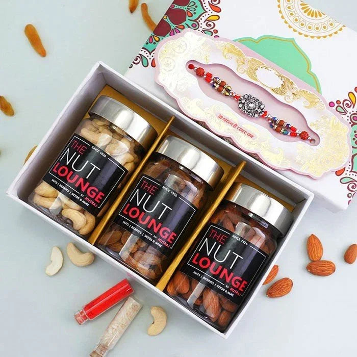 Gift Pack Of Antique Rakhi With Dry Fruits