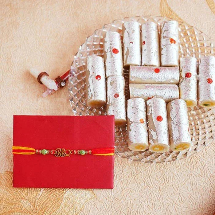 Golden Rakhi With Haldiram Kaju Roll
