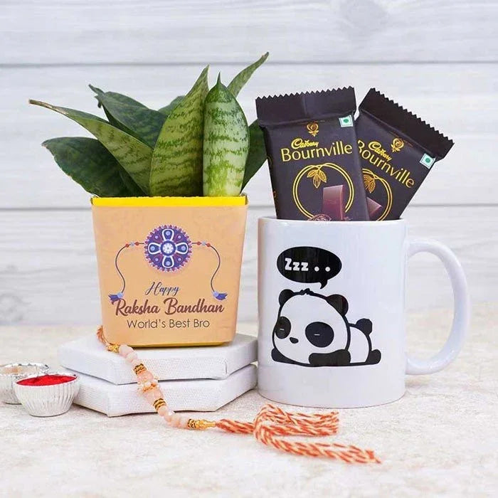 Gift set with a mug, plant, and Bournville chocolate bars on a white surface.
