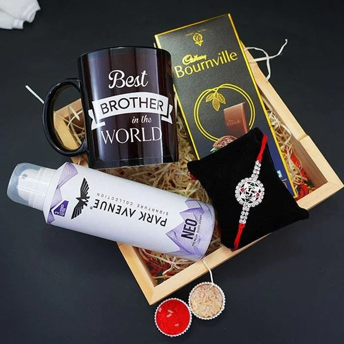 Silver Rakhi With Mug N Deo Gift Hamper