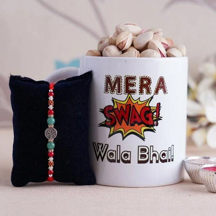 Silver Rakhi With Mug And Pistachios