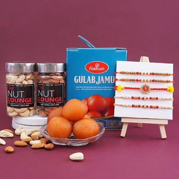 Set Of Five Rakhis With Sweets Gift Hamper For Brothers