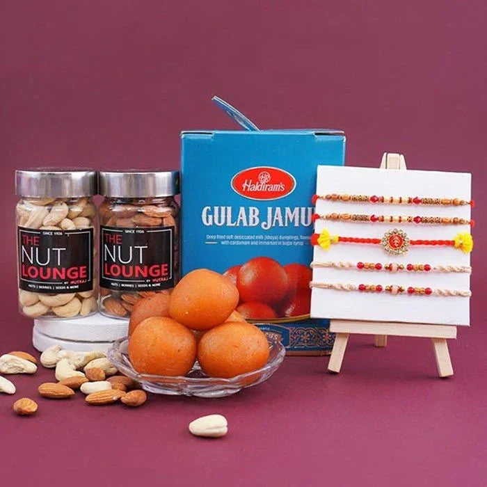 Set Of Five Rakhis With Sweets Gift Hamper For Brothers