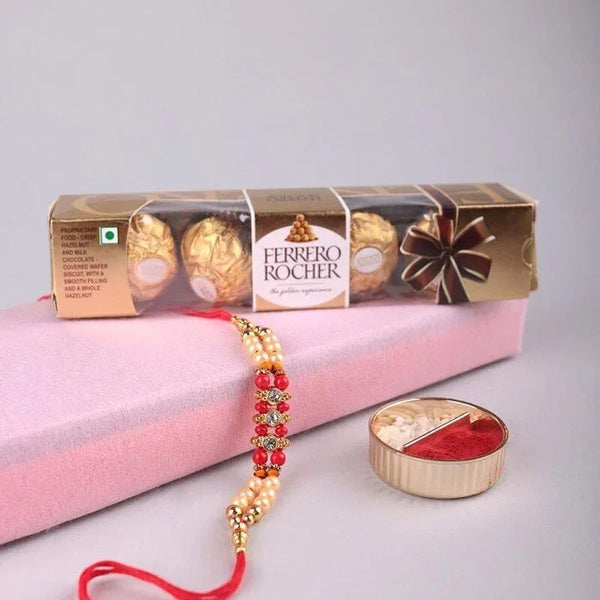 Single Pearl Rakhi With Ferrero Rocher Small 4 Pcs