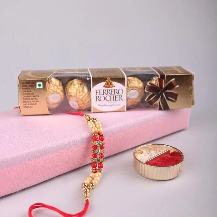 Single Pearl Rakhi With Ferrero Rocher Small 4 Pcs