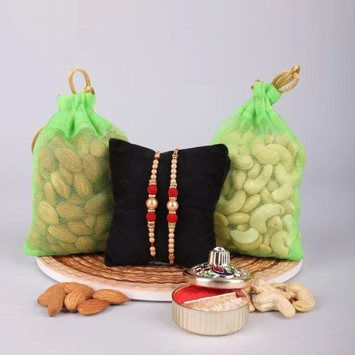 Set Of 2 Pearl Rakhi With Dry Fruits Combo