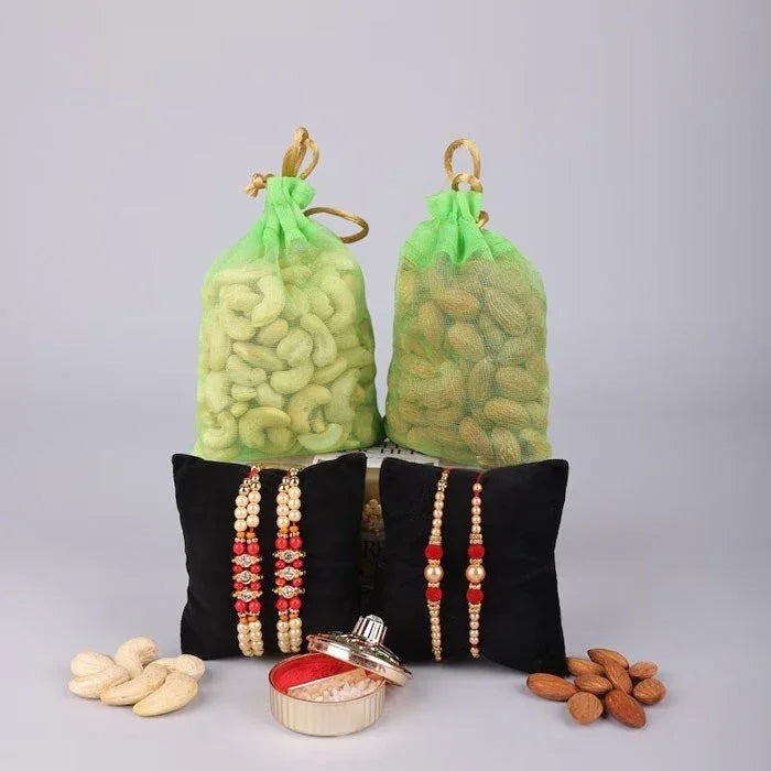 Beautiful Set Of 4 Rakhi With Dry Fruits Combo