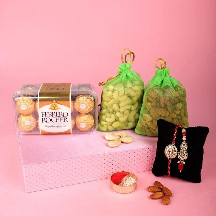 Couple Rakhi And Ferrero Rocher With Dry Fruits