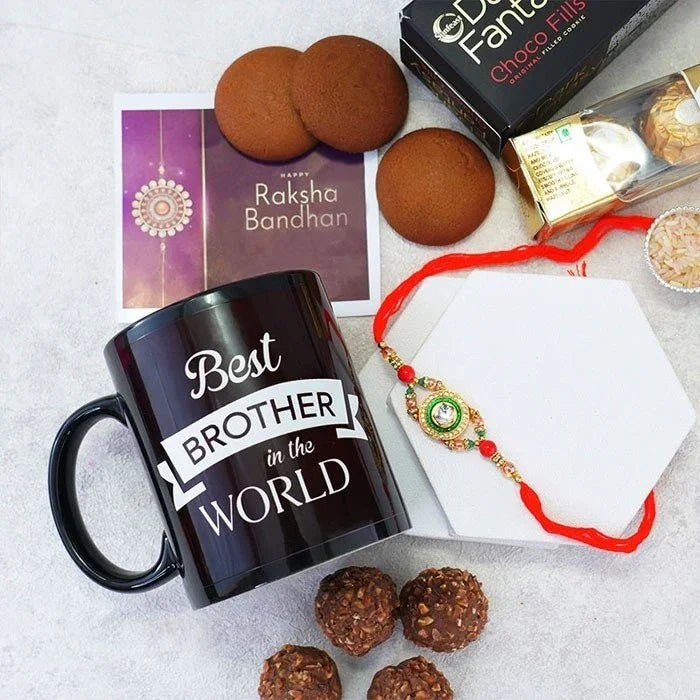 Designer Stone Rakhi With Chocolates N Mug Gift Pack