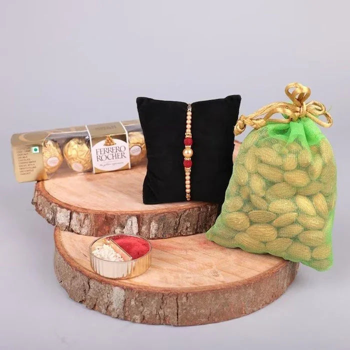 Rudraksha Beads Rakhi N Almond Ferrero Rocher Combo