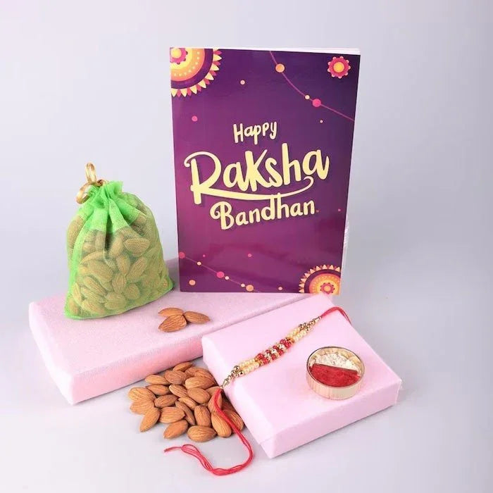 Pearl Rakhi With Almond 100 Gm Greeting Card Combo