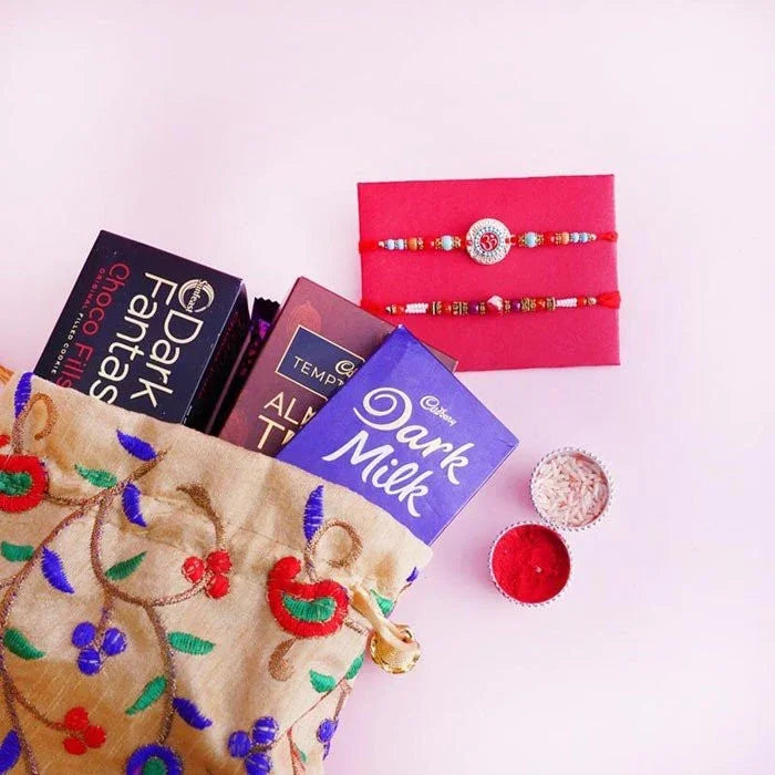Two Rakhi Set And Chocolates Potli