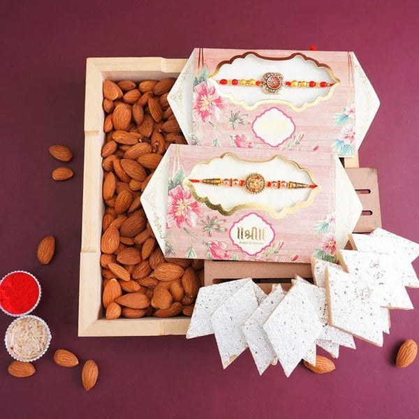 Two Designer Rakhi With Kaju Katli Combo In Wooden Tray