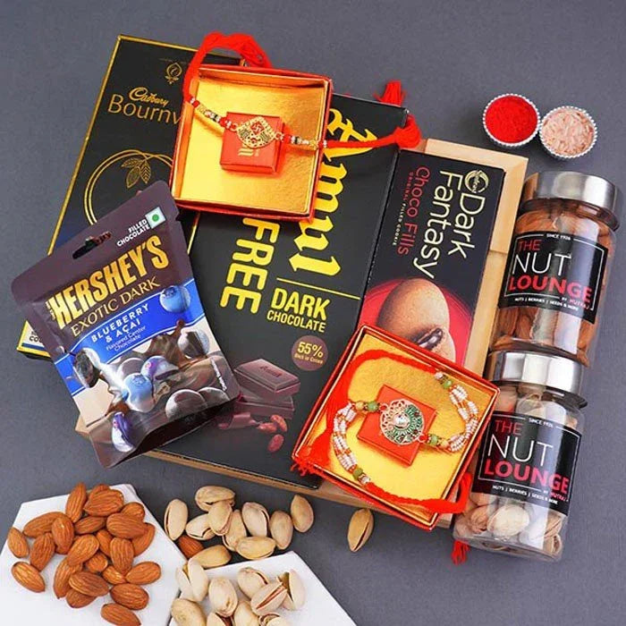 Golden Rakhi N Swastik Rakhi With Chocolates Gift Hamper