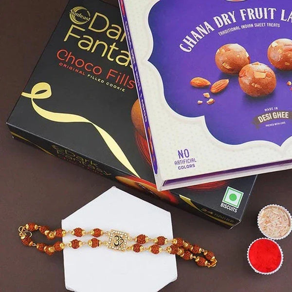 Om Rudraksha Bracelet Rakhi Sweets Combo