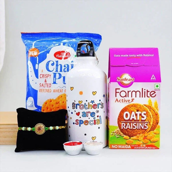 Assorted items including a bag, water bottle, and box on a white background