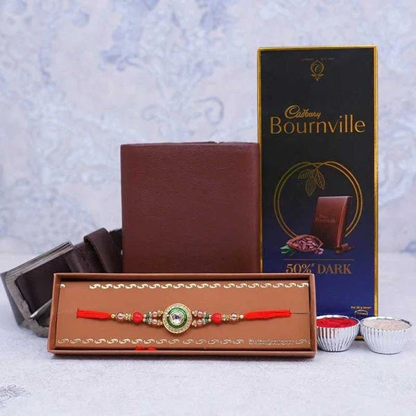 Brown leather wallet, Cadbury Bournville chocolate box, and a decorative rakhi on a light gray background.