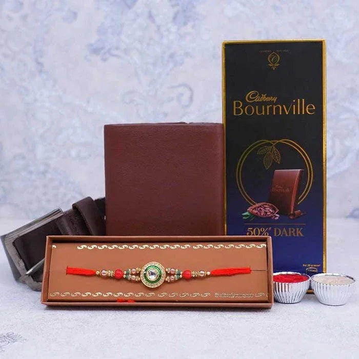Brown leather wallet, Cadbury Bournville chocolate box, and a decorative rakhi on a light gray background.