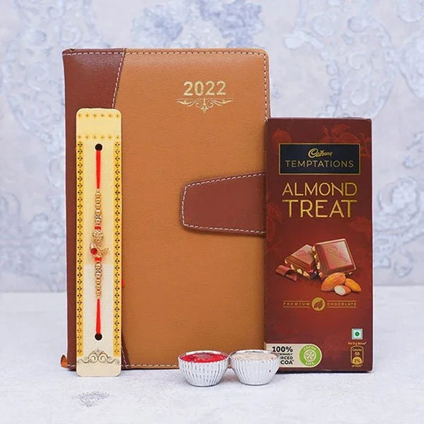 Golden Rakhi With Diary N Chocolates