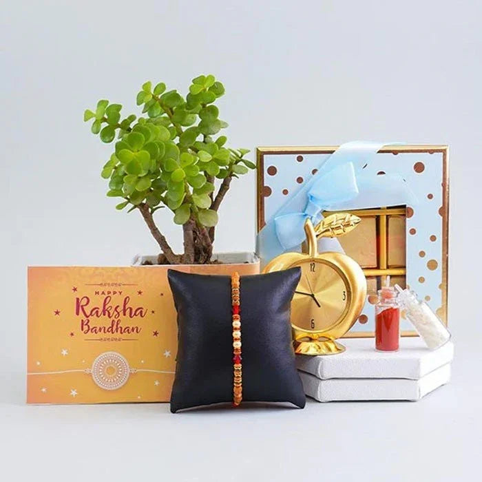 Decorative setup with a plant, gift box, clock, and black pillow with a rakhi on a light gray background.